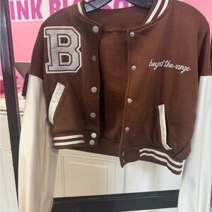 Brown and White Kids Varsity Jacket